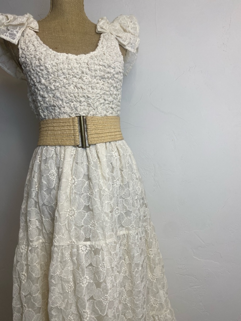 Bohemian Style Knit Lace Tiered Dress in Cream with Detailed Ruffled Straps